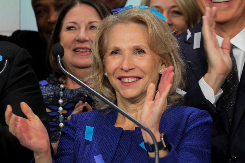 Shari Redstone, chairwoman of ViacomCBS and president of National Amusements, reacts as she celebrates her company's merger at the Nasdaq Market site in New York, U.S., December 5, 2019. REUTERS/Brendan McDermid