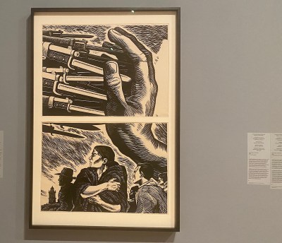 A two-part print showing a giant hand shielding a group of people from a bunch of bayonets.