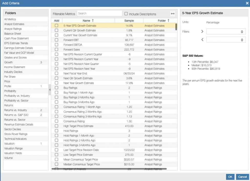 Stock Rover Custom Screener Criteria