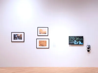 A photograph, two drawings, and a video hang on a museum wall. 
