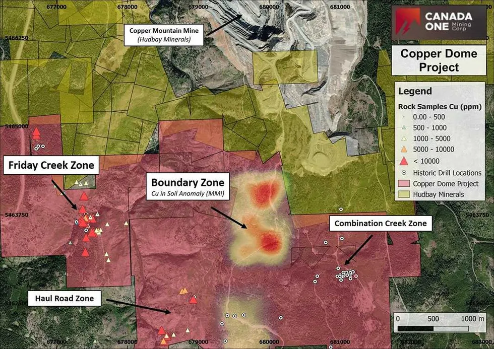Map of Canada One Mining's Copper Dome Project showing zones and copper sample concentrations.