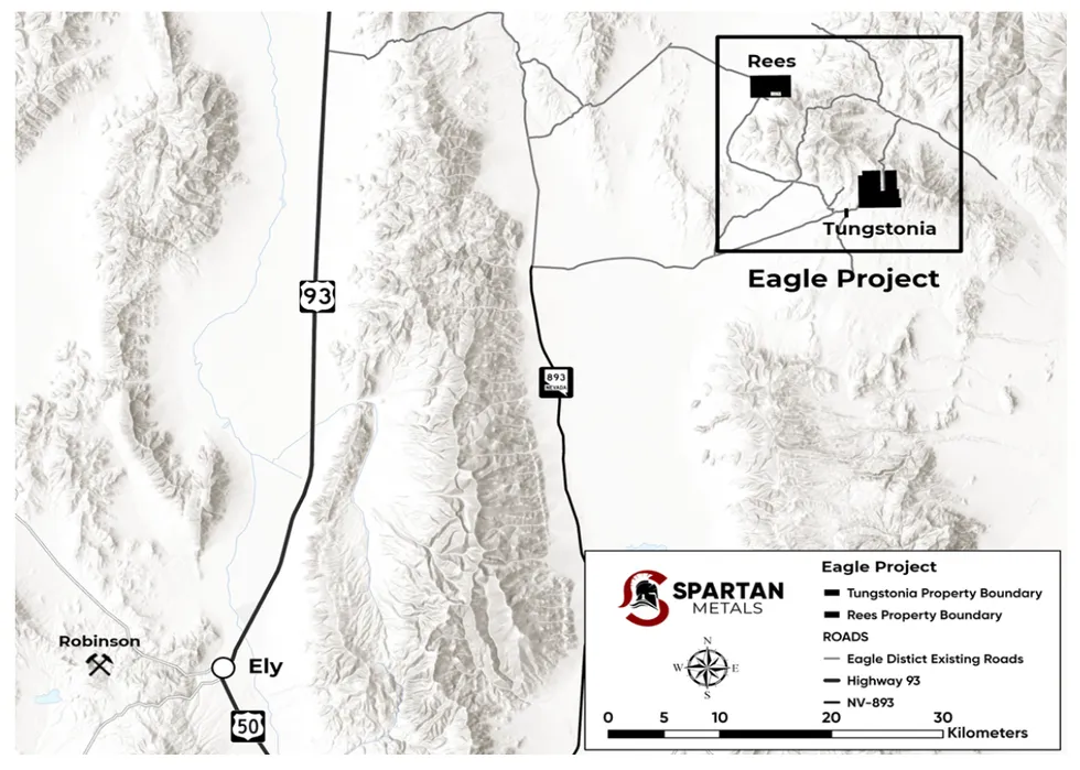 Map showing Spartan Metals' Eagle Project boundaries near Ely, with highways and key landmarks.
