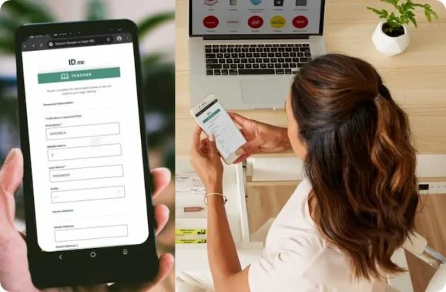 On the left, a close-up of a smartphone screen displays the ID.me login and form fields. On the right, a woman with wavy brown hair sits at a desk with a laptop, holding her phone and filling out the same ID.me form.