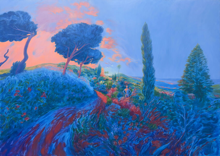 Marlon Portales, ‘Lovers under the Blue Cypress’, 2025, Painting, Oil in canvas, Spinello Projects