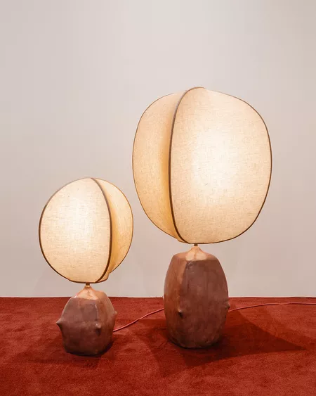 Eny Lee Parker, ‘Poppy Seed Lamp Large’, 2025, Sculpture, Ceramic base, brown patina brass metal parts, linen shade, Hannah Traore