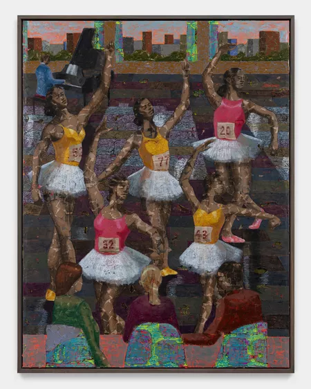 Derek Fordjour, ‘La Classe de Danse’, 2024, Painting, Acrylic, charcoal, cardboard, and oil pastel on newspaper mounted on canvas, David Kordansky Gallery