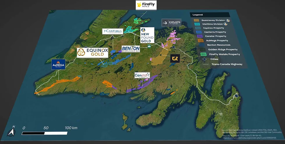 Map of Newfoundland highlighting various gold mining company including New Found Gold