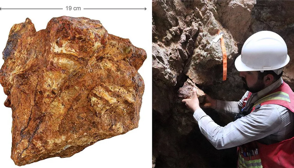 Rock sample and geologist examining a rock formation in Silver Dollar Resources' La Joya Silver-Gold-Copper Project