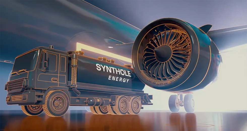 Futuristic truck with Syntholene Energy fueling an airplane jet engine in a stylized, neon-lit setting.