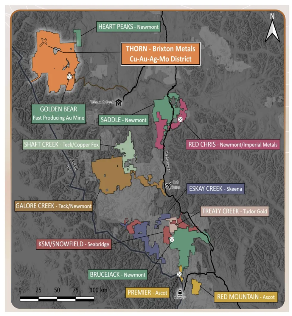 Map showing mining districts and projects in northwestern Canada. including Brixton Metals' Thorn project