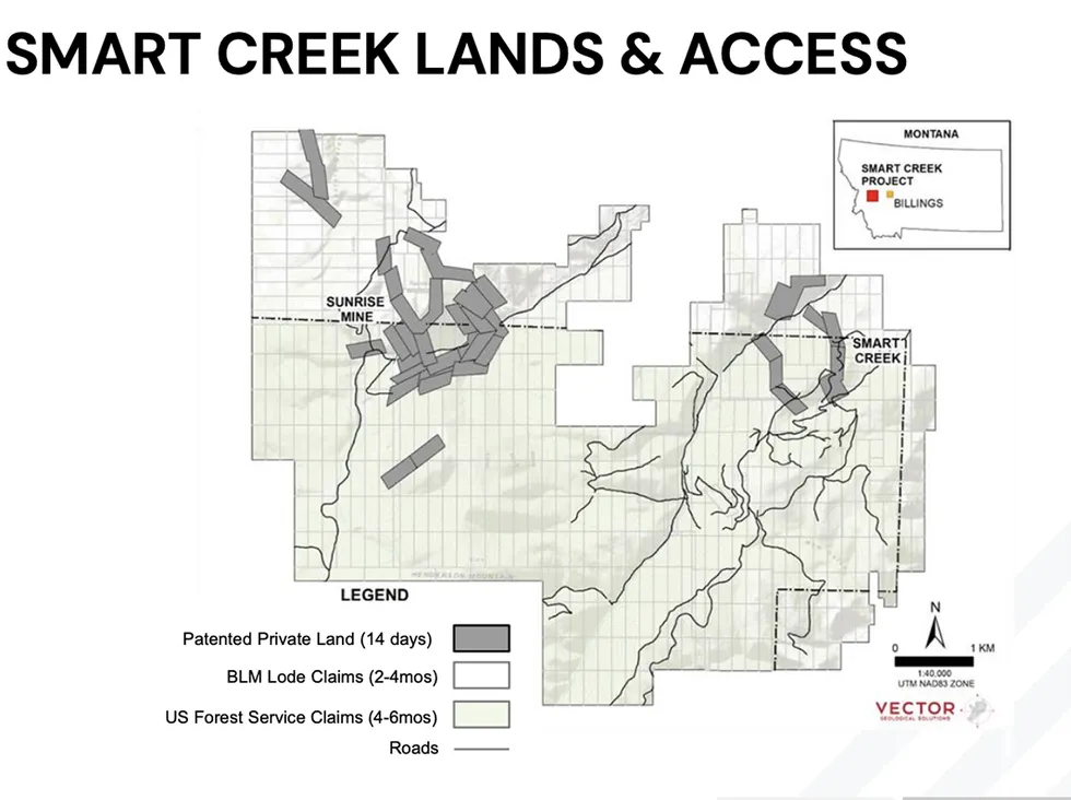 Map of Domestic Metals Smart Creek lands, showing claims, private land, roads, and location in Montana.