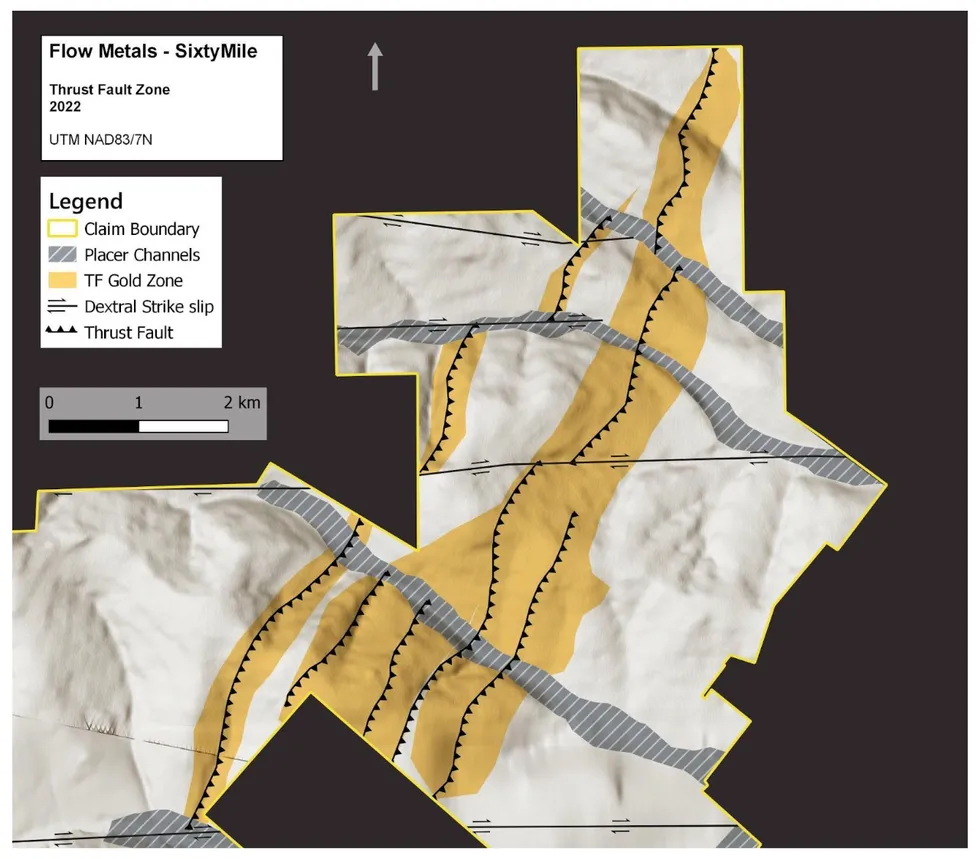 Map of Flow Metals' SixtyMile Thrust Fault Zone with claim boundaries and gold zones marked.