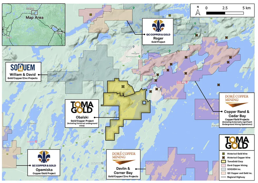 Map of mining projects in Quebec, Tomagold's Obalski project