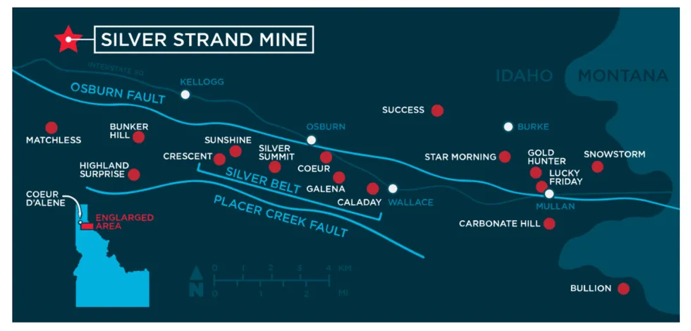 Map illustrates fault lines and Silver Hammer Mining's Silver Strand Mine.