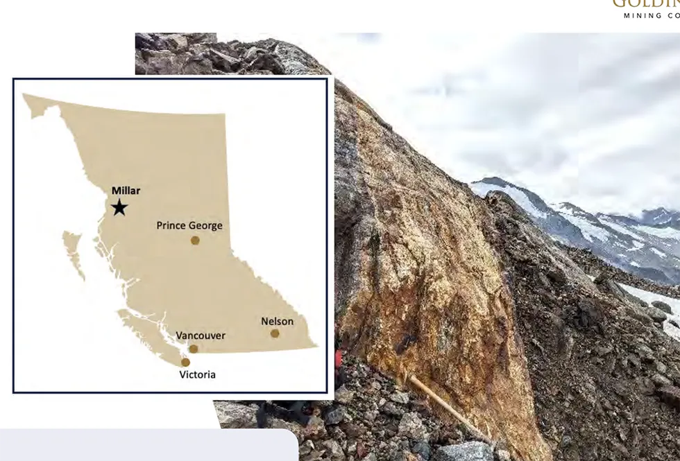 A map of British Columbia over a rocky mountain scene with text: GoldInxs' Millar, Prince George, Vancouver, Nelson, Victoria.