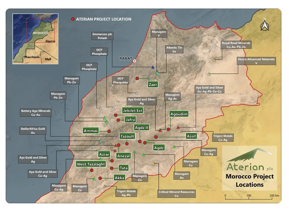 Map of Morocco shows Aterian project locations with green and red labels; inset map highlights North Africa.