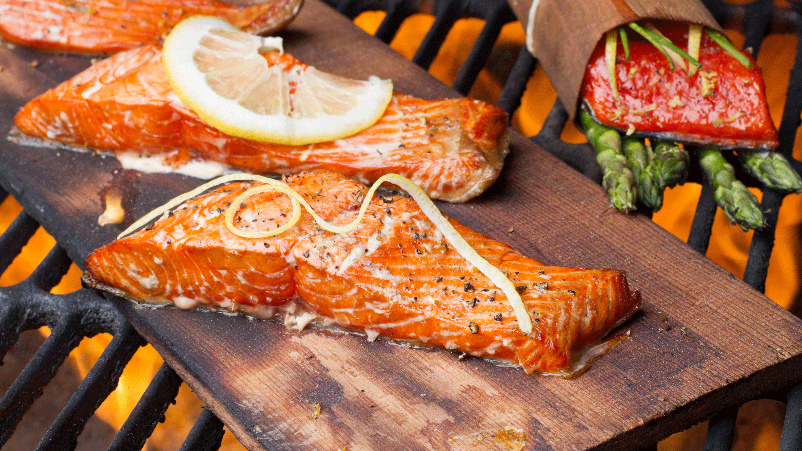 Cedar-planked salmon on barbecue