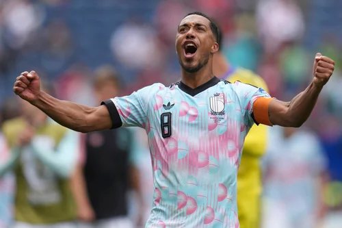 René Magritte–inspired jersey worn by Belgian soccer team during World Cup 2026 knockout match.