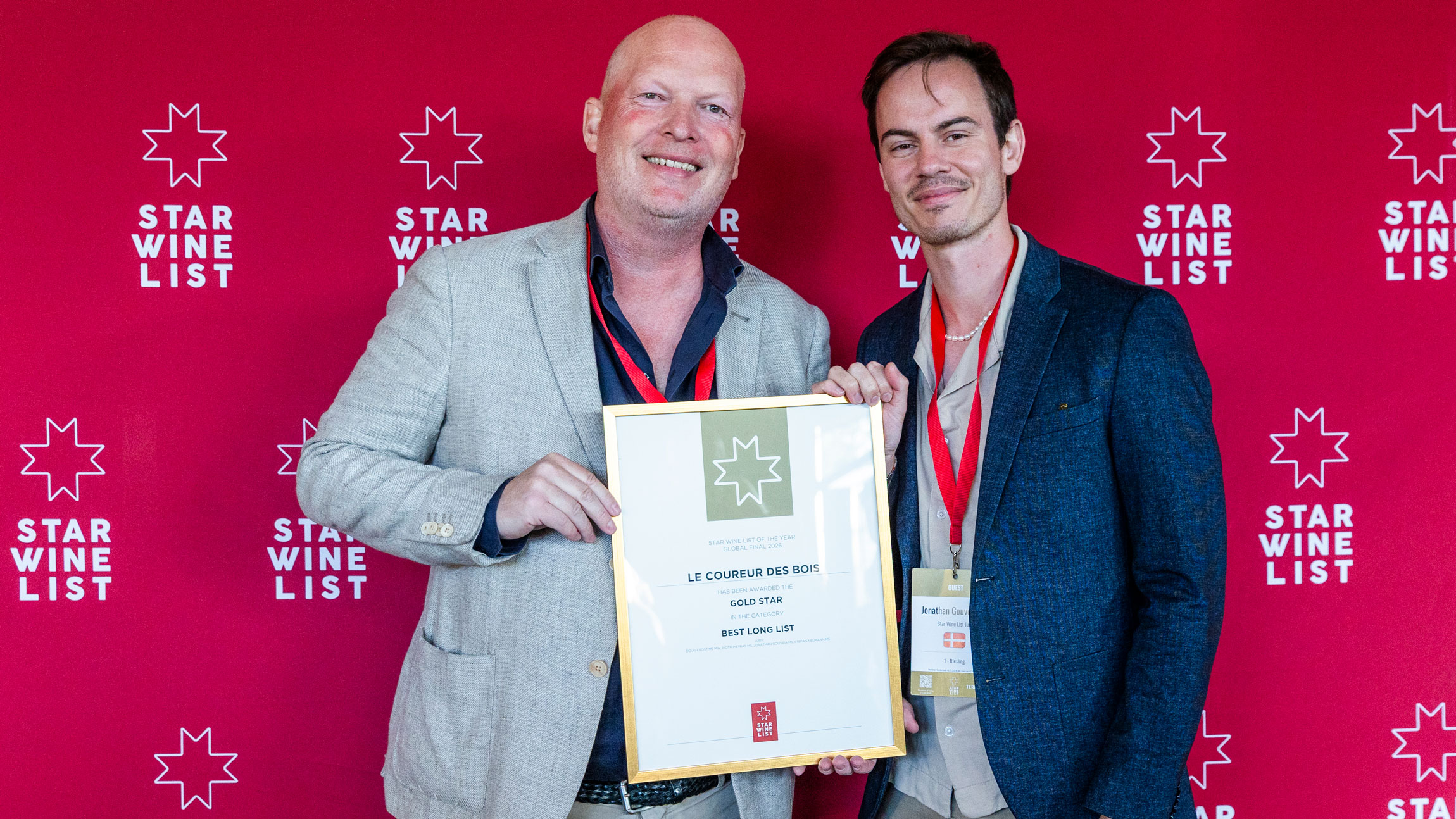 Star Wine List founder Krister Bengtsson (left) with Master Sommelier Jonathan Gouveia (right) at the 2026 Star Wine List Global Final in Sweden.