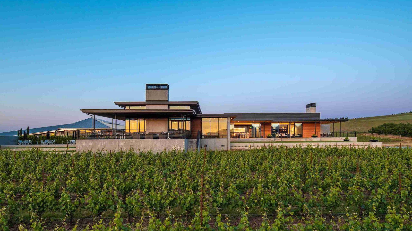 The exterior of Ponzi Vineyard's production facility and tasting room with vineyards in the foreground
