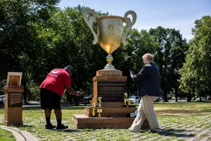 Trump Skewered in Satirical ‘Iran War Participation Trophy’ Art Installation