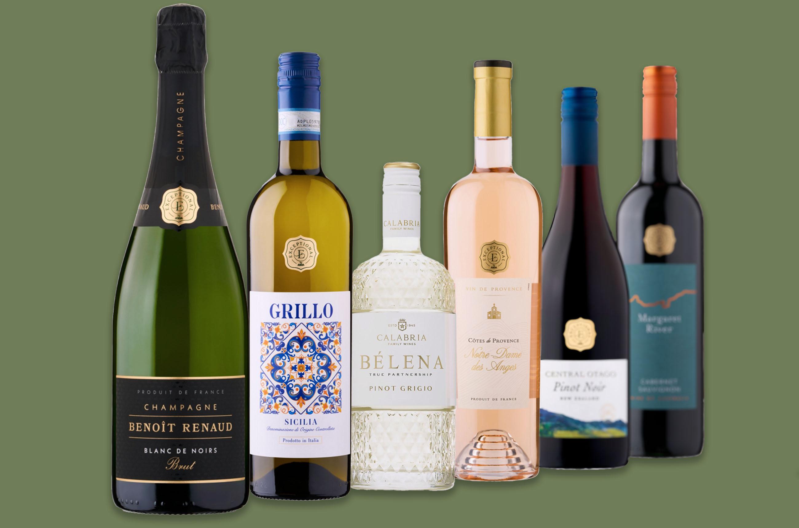 Asda wine bottles on green background