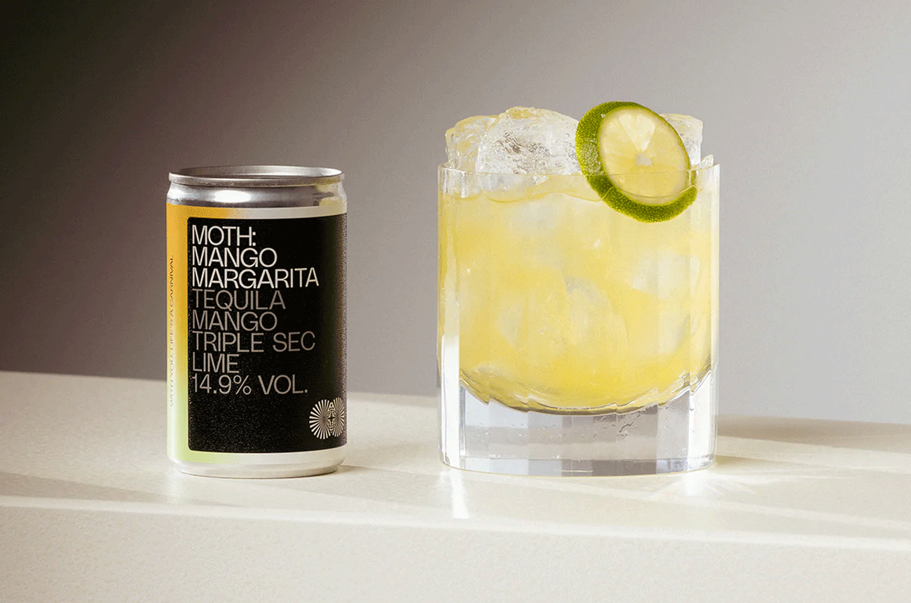 MOTH Mango Margarita can and glass