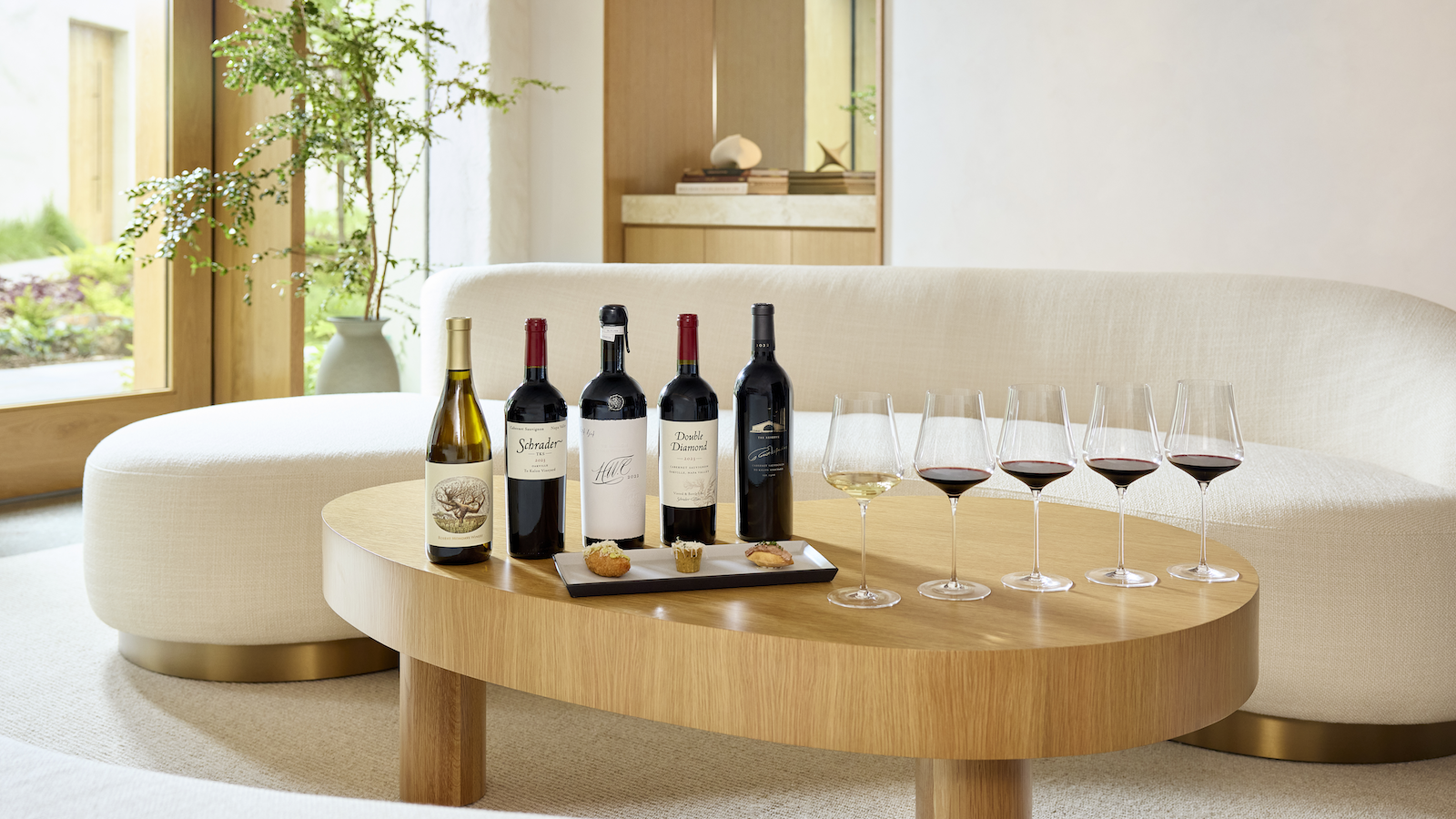 A lineup of five prestige wines – including Schrader, Double Diamond and To Kalon Vineyard Company – available at the private To Kalon Collective tasting space at Robert Mondavi Winery.
